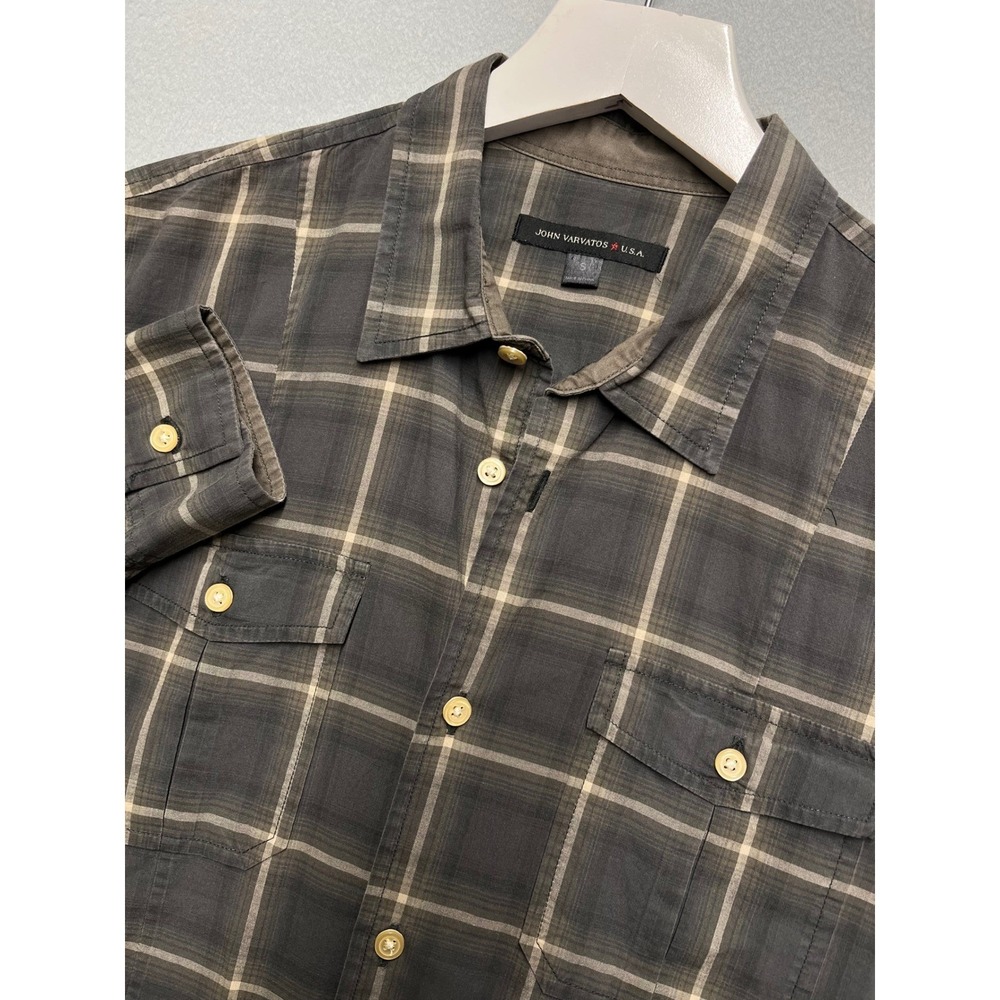 John Varvatos USA Mens Grey Plaid Button Down Shirt Long Sleeve Cotton Small